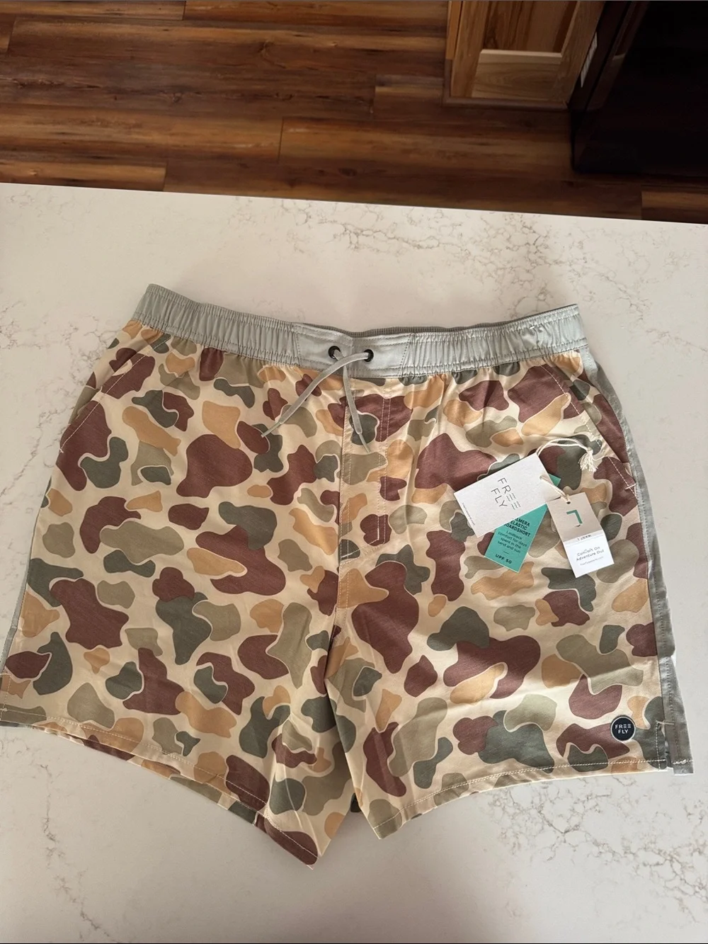 Free Fly Apparel Men’s Camo Athletic BoardShorts - Beige, Green & Brown